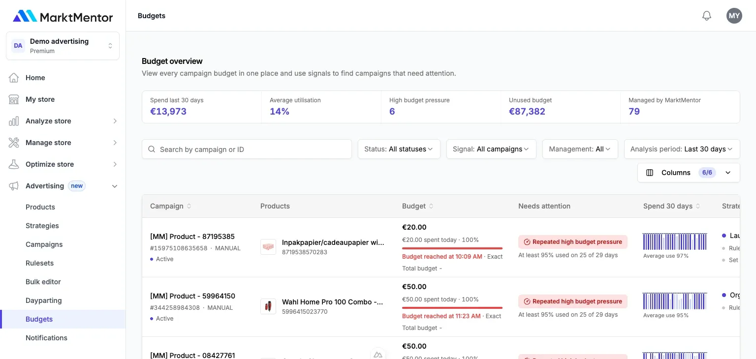 MarktMentor 仪表盘中的广告系列预算概览