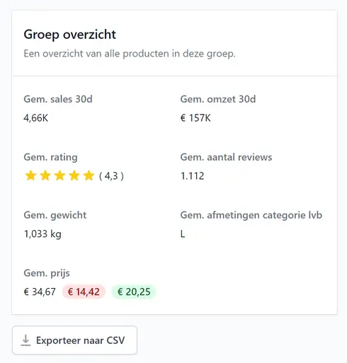 Product groep met download naar csv knop