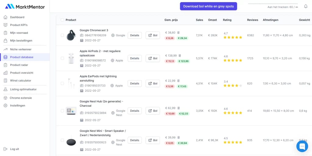 Product database tabel user interface